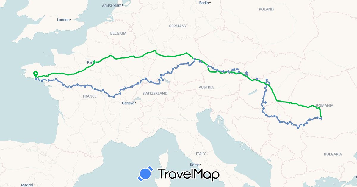 TravelMap itinerary: bus, cycling in Austria, Switzerland, Germany, France, Croatia, Hungary, Romania, Serbia, Slovakia (Europe)